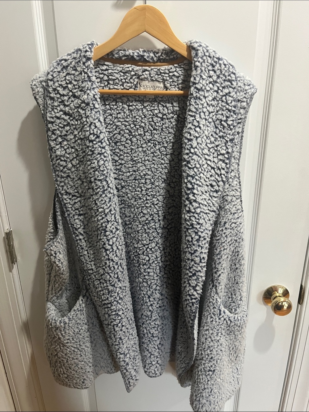 Cozy Faux-Sherpa Hooded Vest - Light Gray-Denim Blue